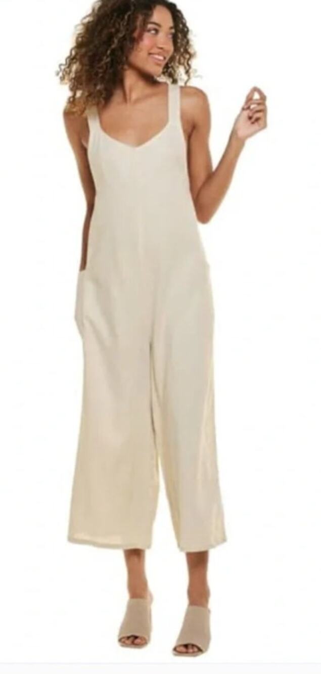 Hunter & Brown Oatmeal Linen Blend Wide Leg Jumpsuit Crop Romper Sleeveless XS